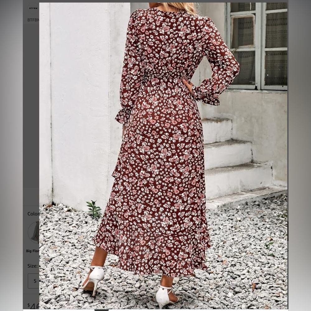 Womens Dresses Floral High Waist Ruffle Guest Cocktail Boho Long Sleeve Dress L‎ - Picture 3 of 3